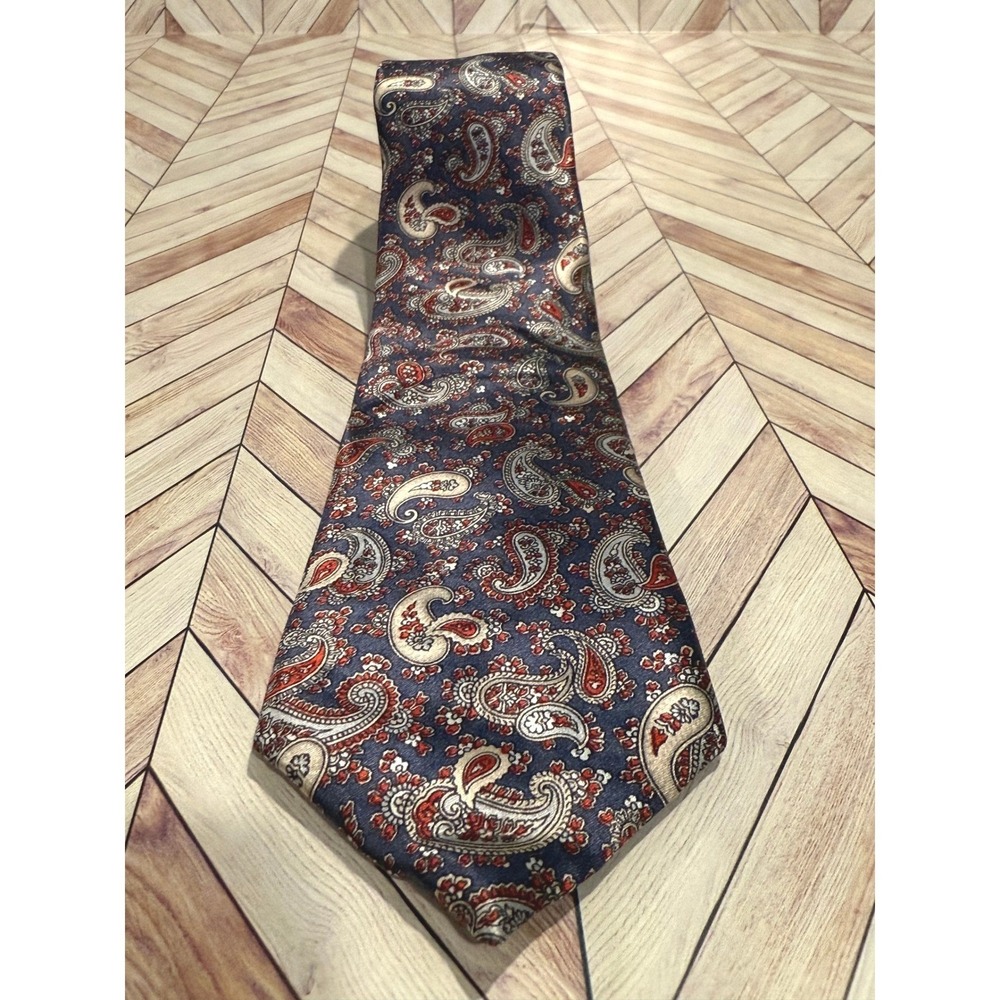 Oscar de la Renta‎ Silk Velour Paisley Necktie Men Navy Red Formal Neck Tie